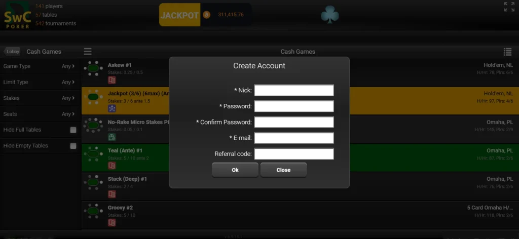 Раздел регистрации SWC Poker
