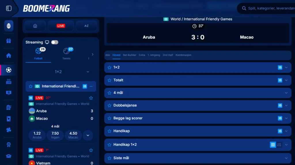 Sportsbettingmarkeder og odds Boomerang Bet 