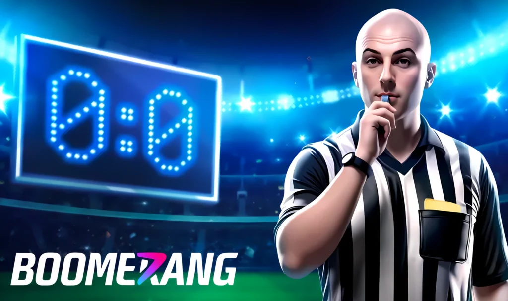 Dommer med fløyte foran digital resultattavle 0:0 og Boomerang-logo på stadion