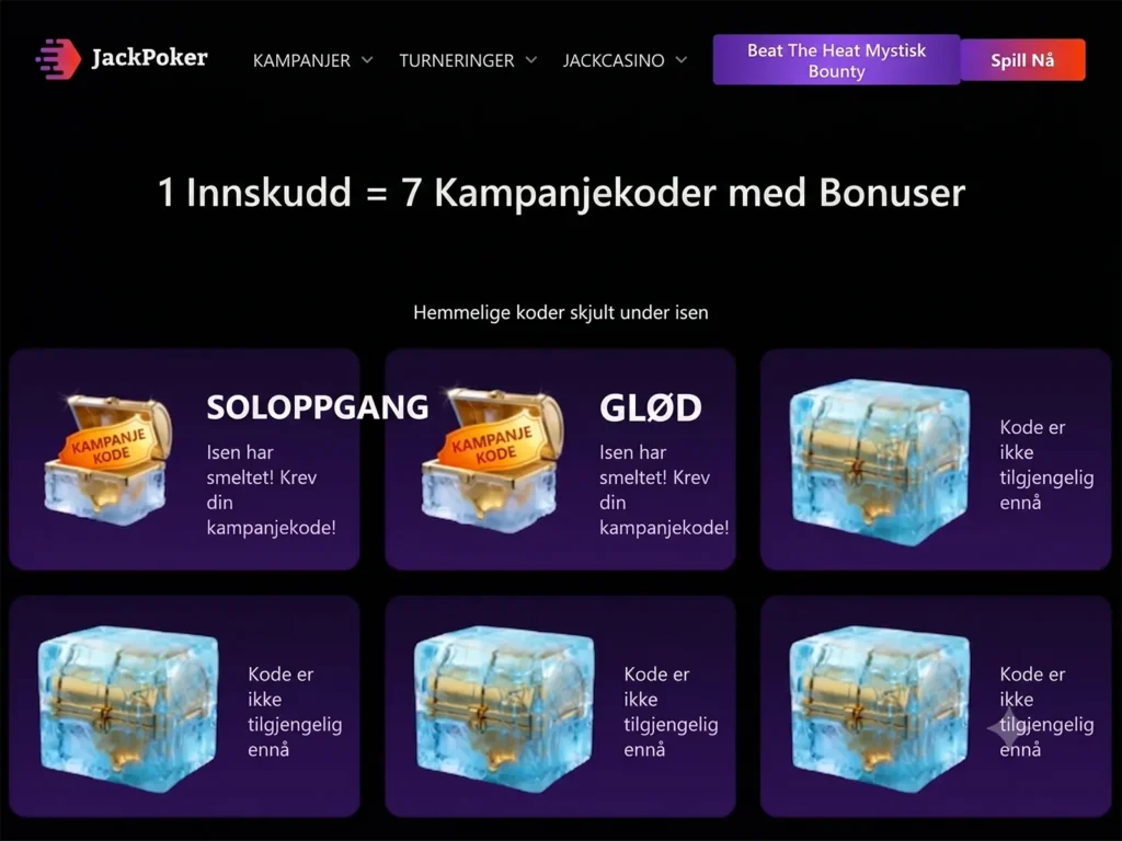 Begge uker: innskudd ≥$25, 7 koder (én/dag), aktiver daglig på kampanjesiden for tilfeldig bonus. 14 premier: Instant Cash, turneringsbilletter, casino.