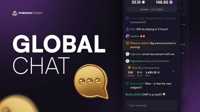 Phenom Poker: Global chat i hovedmenyen. Kun KYC-godkjente spillere kan skrive. Moderasjon som ved bordene.