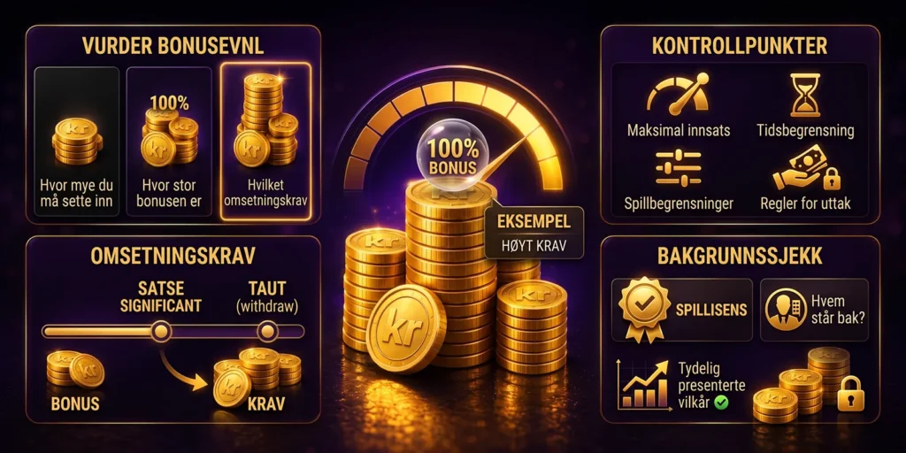 Sjekkliste for vurdering av casino-bonus: innskudd, bonusstørrelse, omsetningskrav, tellende spill, tidsfrist, maksinnsats med aktiv bonus, uttaksregler, bonusbegrensninger og casinoets lisens.