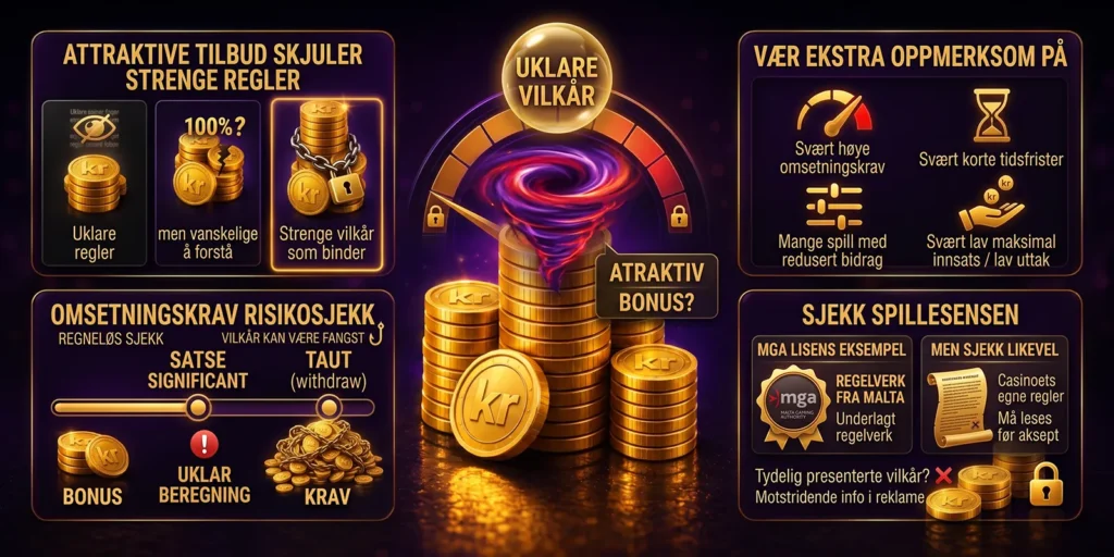 Advarselstegn ved bonus: høye omsetningskrav, uklare beregningsregler, korte tidsfrister, spill med redusert bidrag, lav maksinnsats, lave uttaksgrenser, skjulte vilkår og motstridende informasjon.