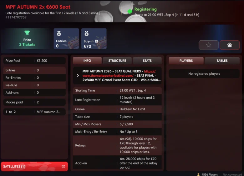 €600 Seat-Only Satellites to Malta Poker Festival Autumn