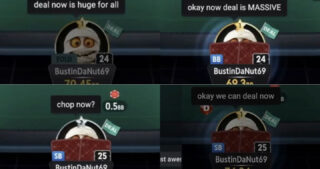 Med fem spillere igjen foreslo BustinDaNut69 deal etter hver eliminering. Ingen godtok før heads-up – noe som viste seg gunstig for ham.