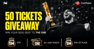 PokerListings deler ut 50 billetter til $250 The One ($5,000,000 GTD) på CoinPoker – oppfyll kravene innen 9. oktober 2026.
